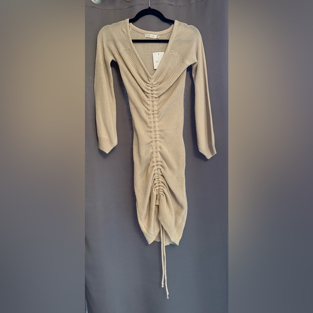 Elegant Long Sleeve Ruched Dress in Beige